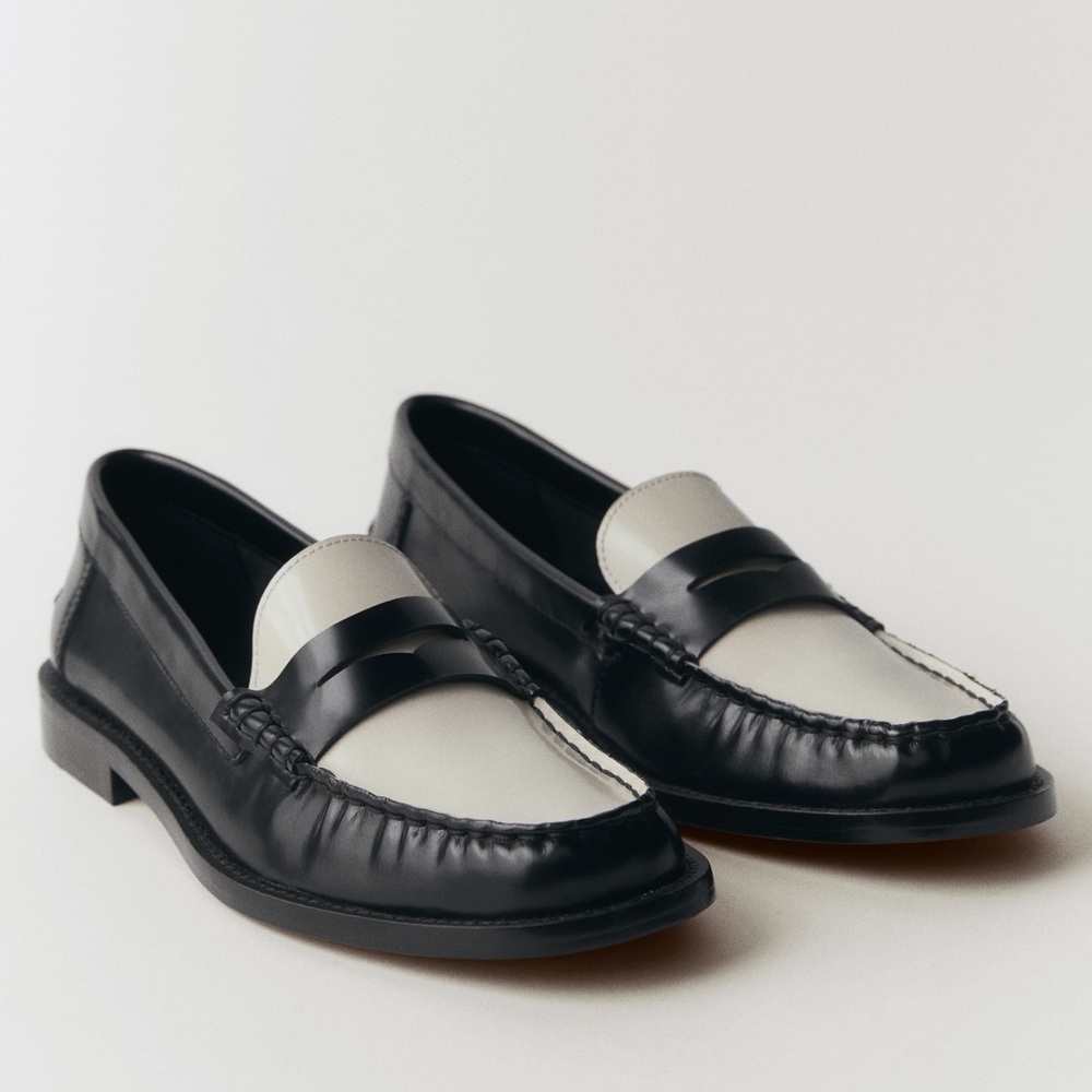 $149 New Mango MNG Two Tone Leather Loafers Black and White Size US 6 Euro 36
